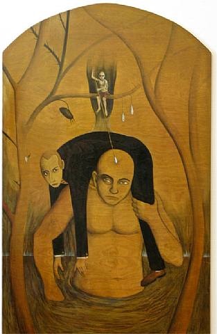 a painting of a man with a bird on his head in the woods