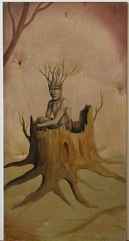 a painting of a man sitting on top of a tree stump