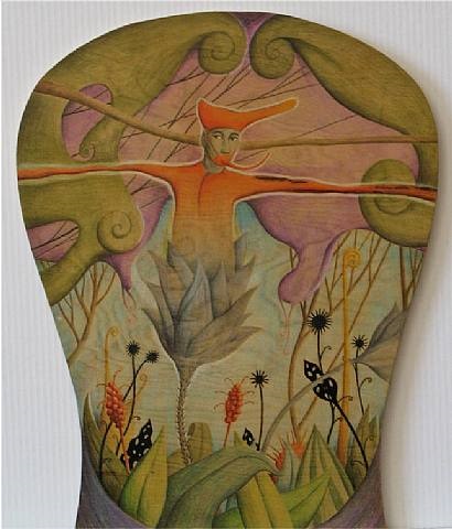 a painting of a woman in a garden with flowers and butterflies