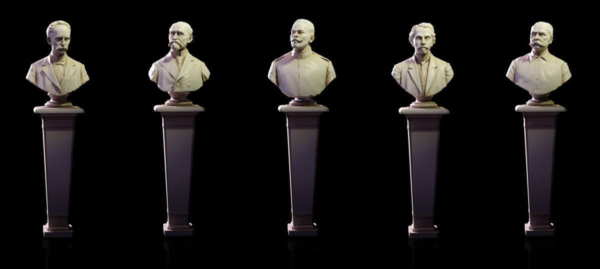 A group of busts of a man on a pedestal in a row.