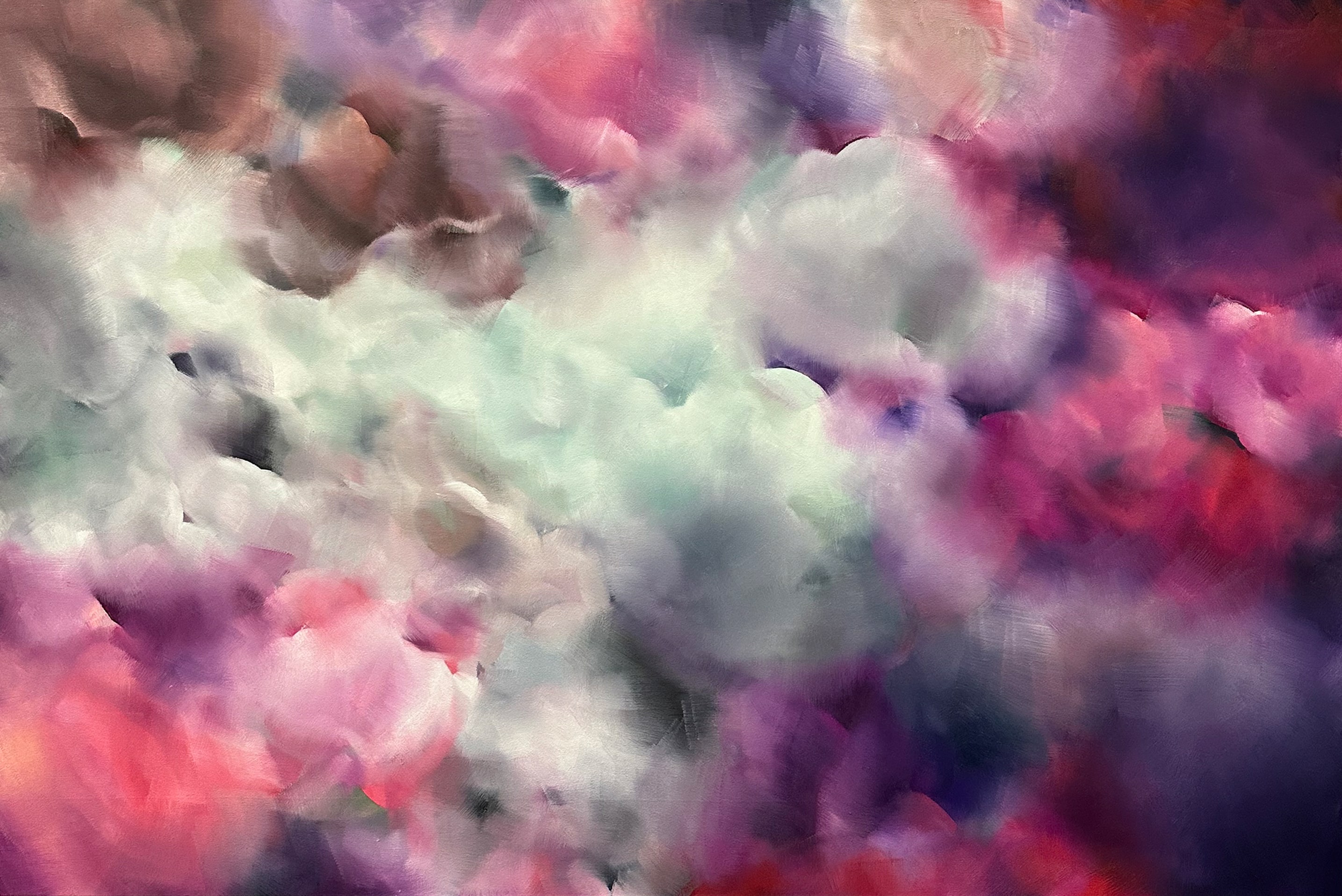 A painting of a cloudy sky with pink and purple clouds.