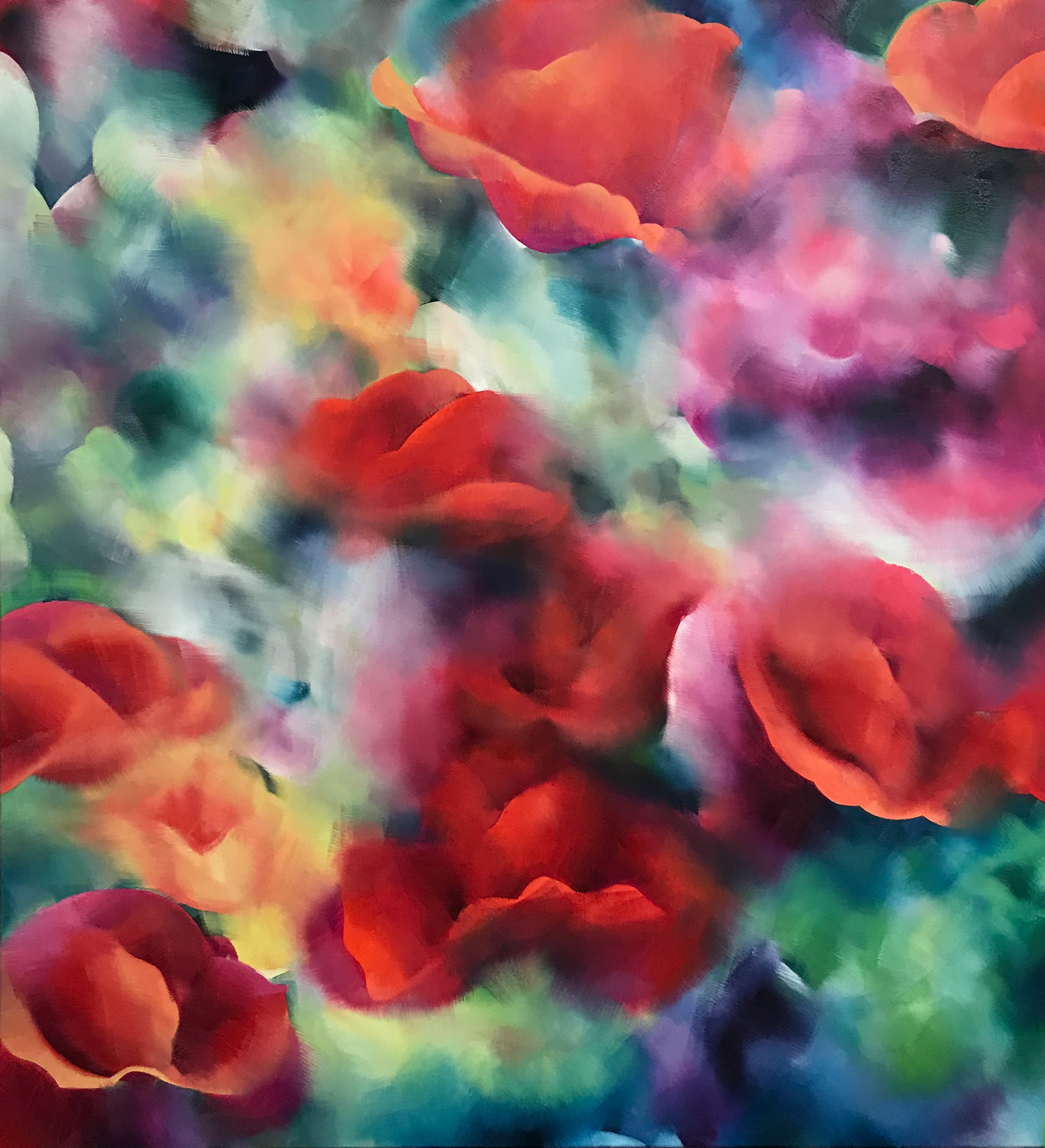 A painting of red poppies in a field of flowers.