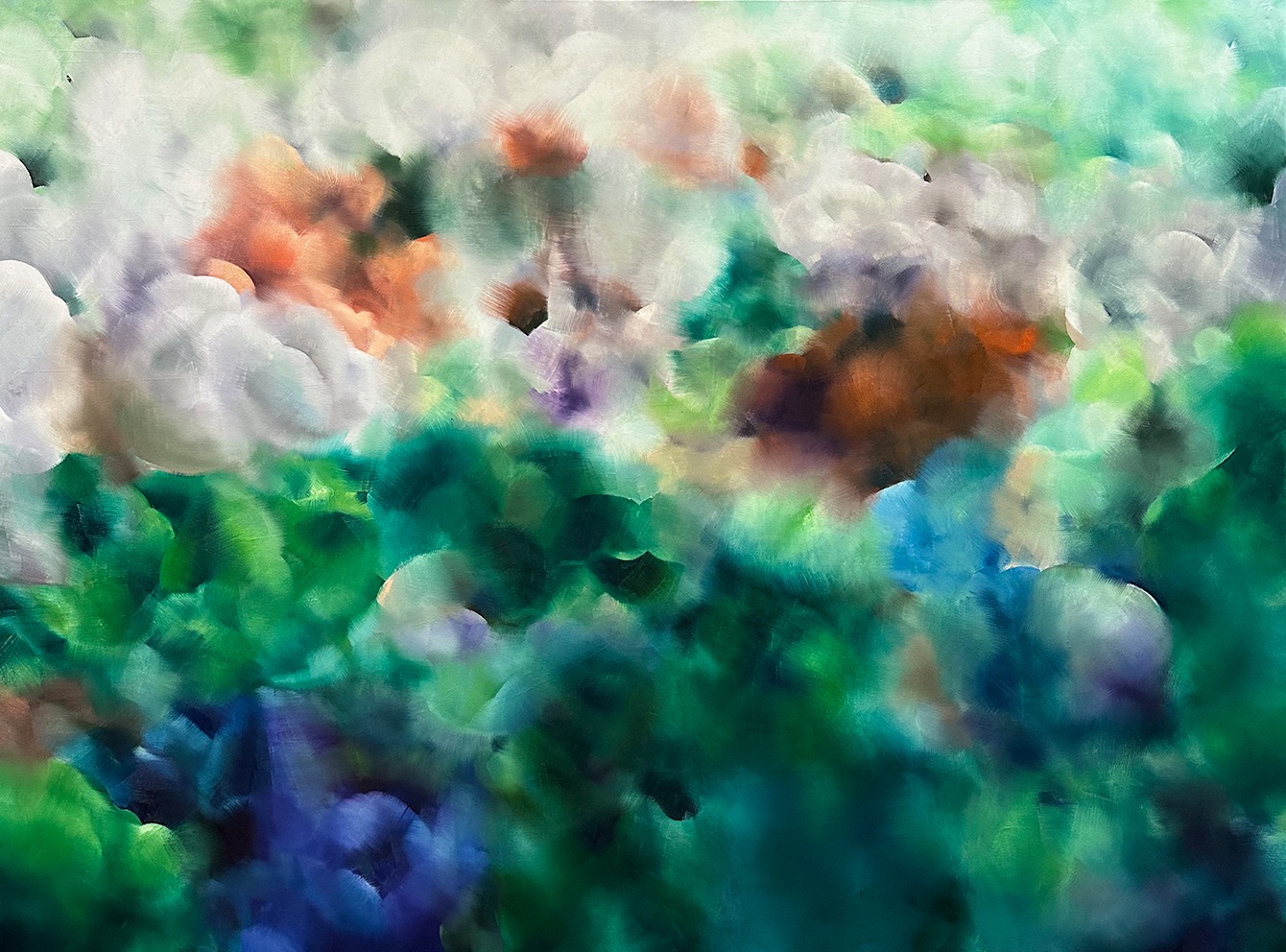 A painting of a field of flowers in the sunlight.