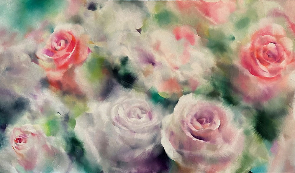 A painting of a bunch of pink and white roses.