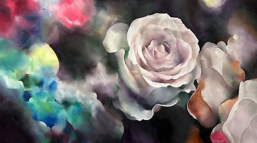 A painting of white roses on a black background.