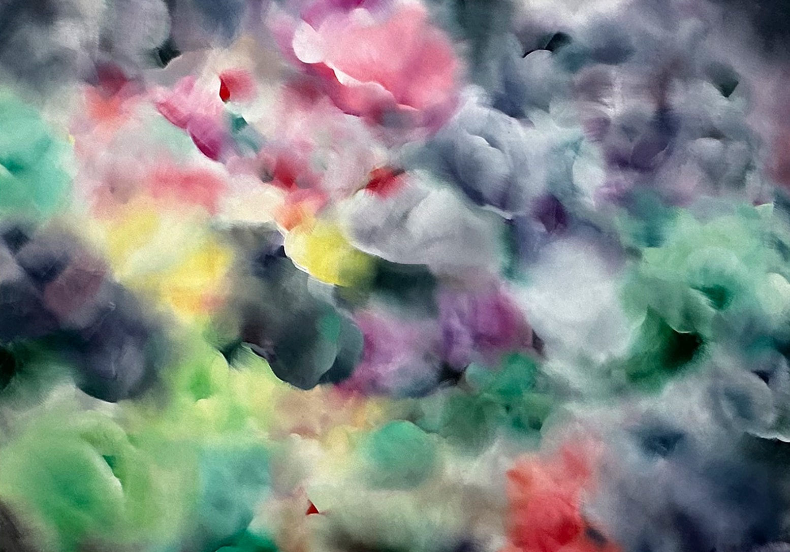 A painting of a bunch of colorful flowers in the sky.