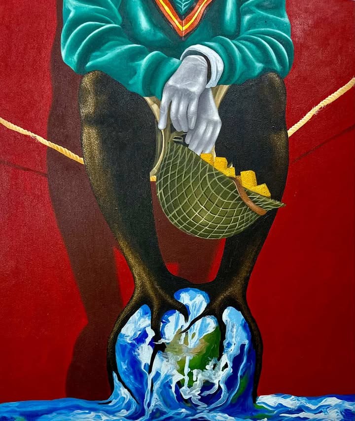 A surreal painting of a figure with metallic hands holding a basket over a cracked Earth.