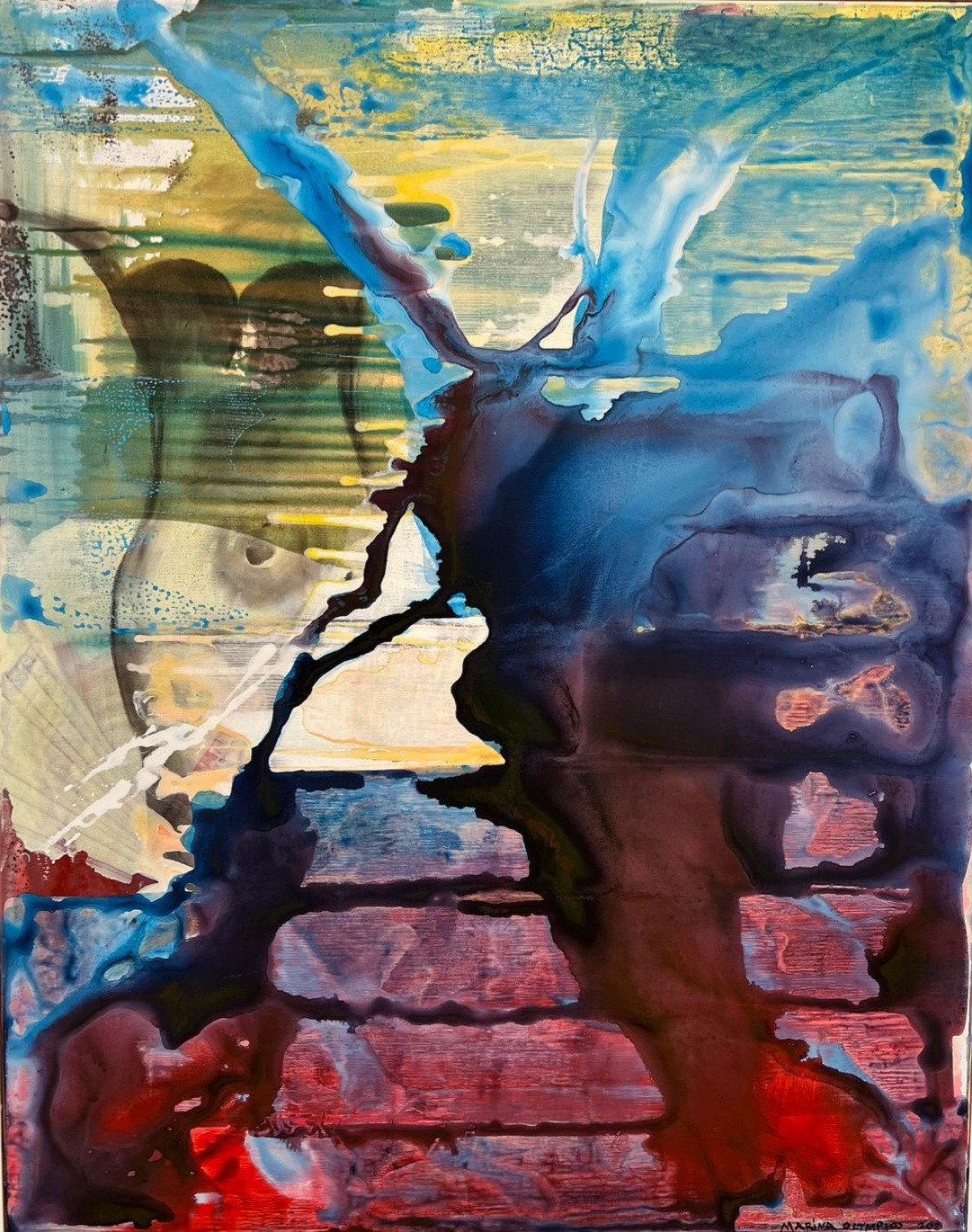 A fluid abstract composition featuring a central dark figure emerging from layered, textured colors.