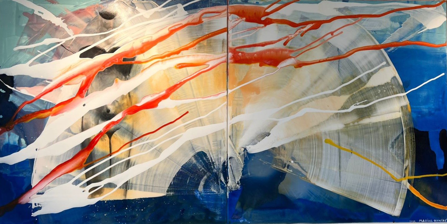 A dynamic abstract painting featuring a large white fan-like form against a deep blue background, overlaid with energetic red and white brushstrokes.