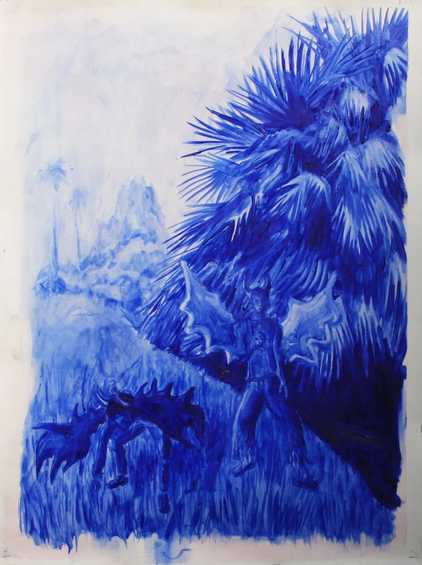 A monochromatic blue illustration of a figure with wings standing before a large spiky tree.