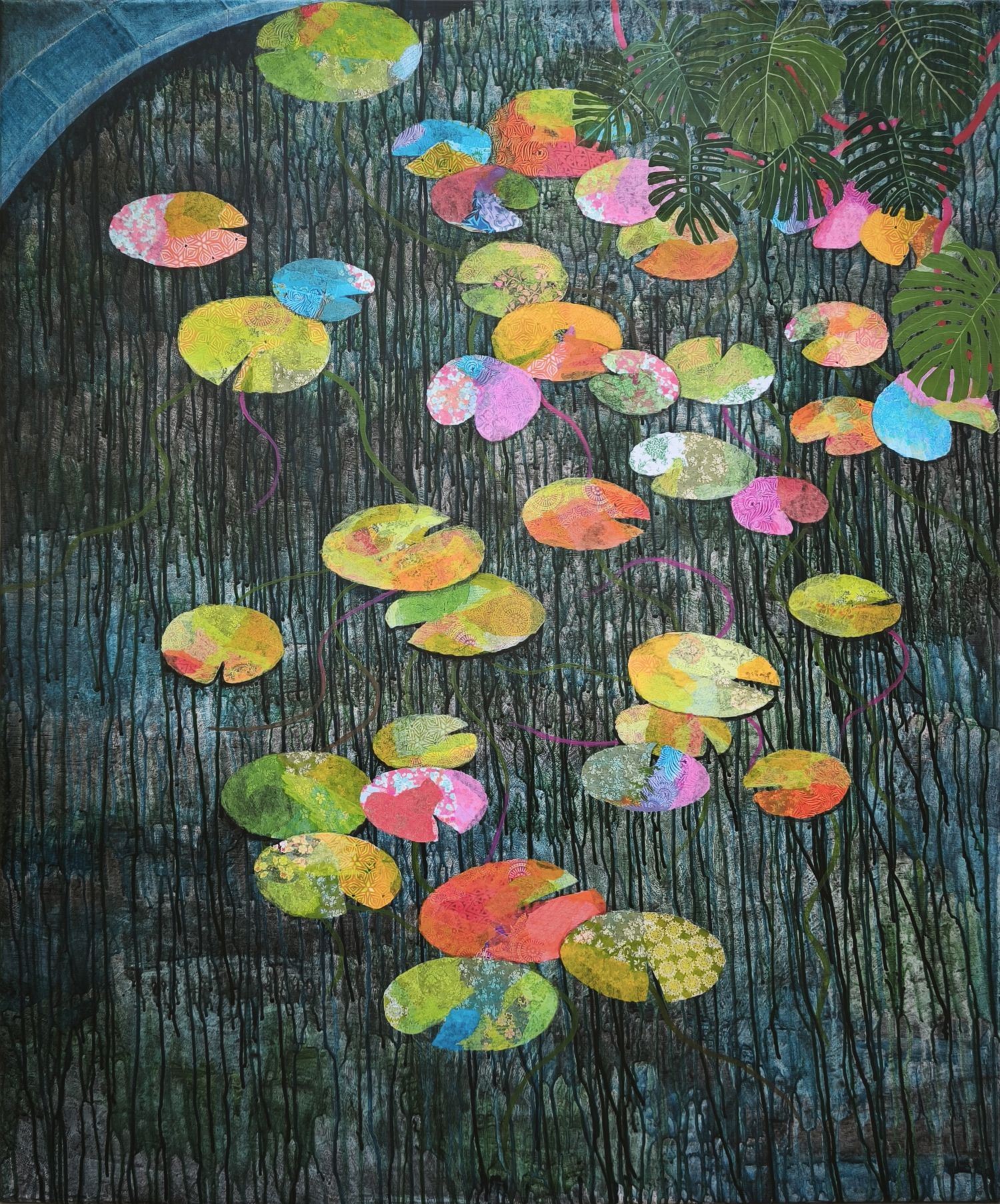 A colorful collage of lily pads and tropical leaves cascading down a dark, textured background.