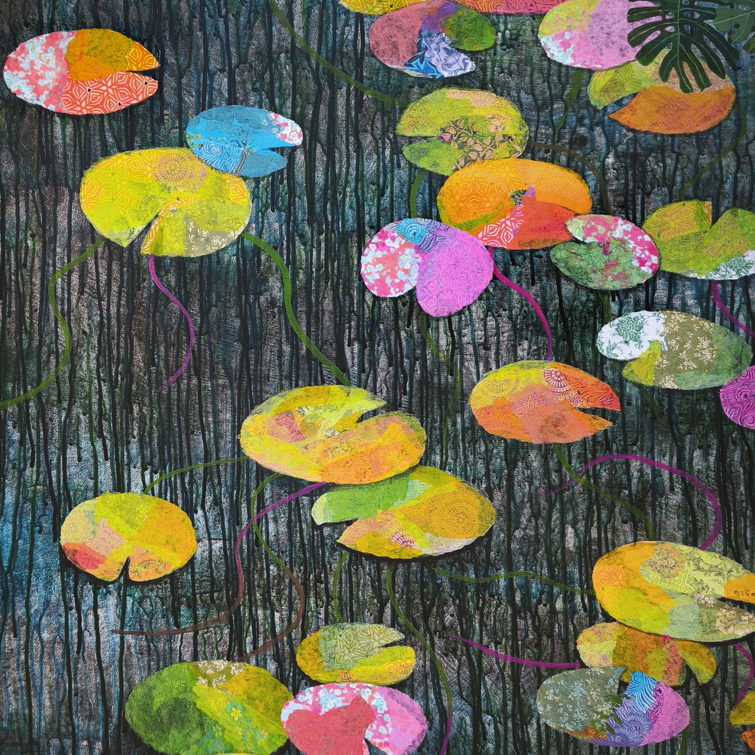 A colorful collage of lily pads and tropical leaves cascading down a dark, textured background.