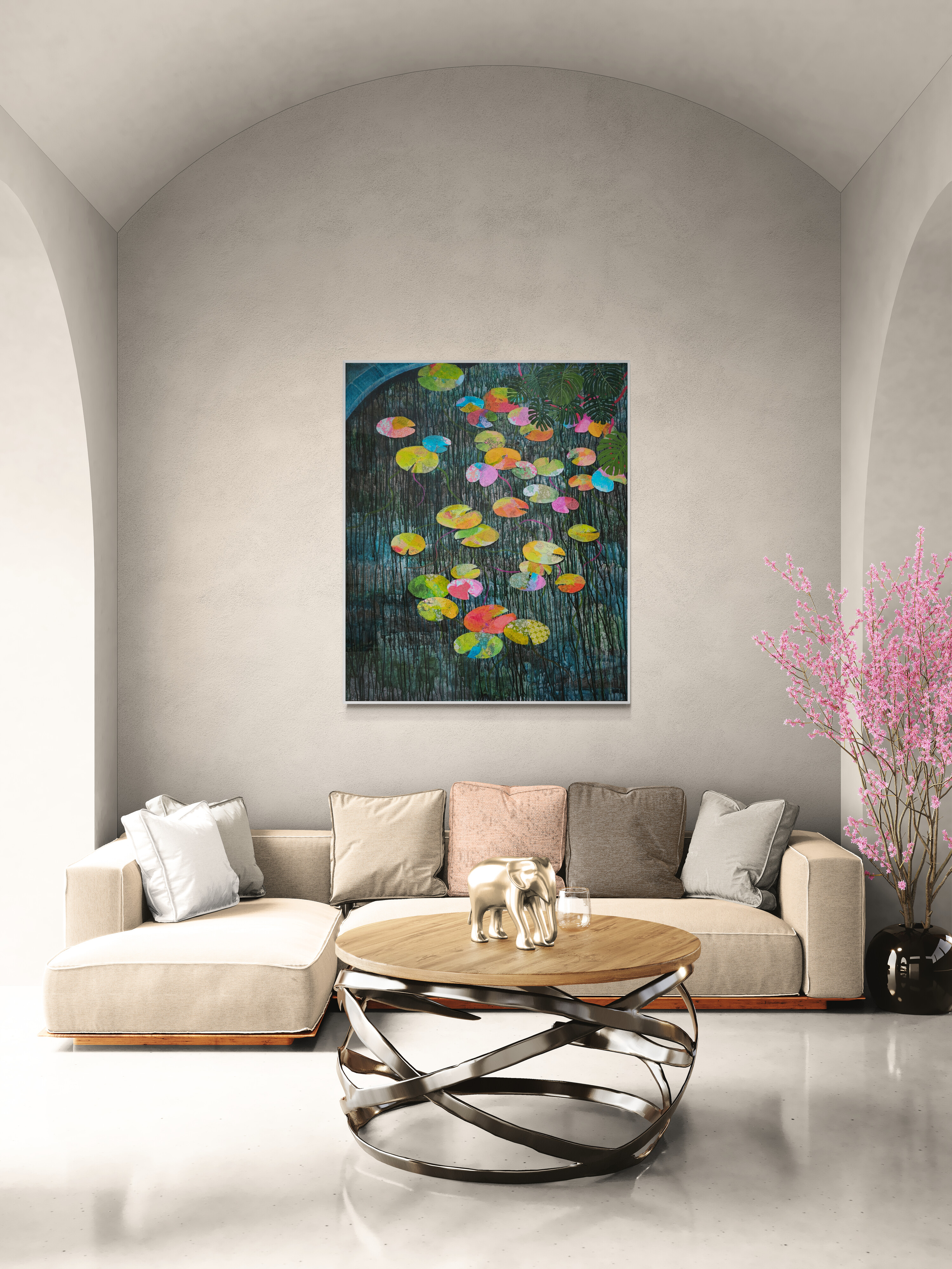 A colorful collage of lily pads and tropical leaves cascading down a dark, textured background.