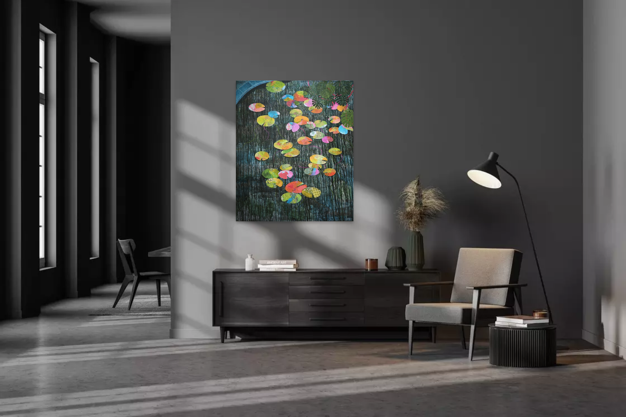 A colorful collage of lily pads and tropical leaves cascading down a dark, textured background.