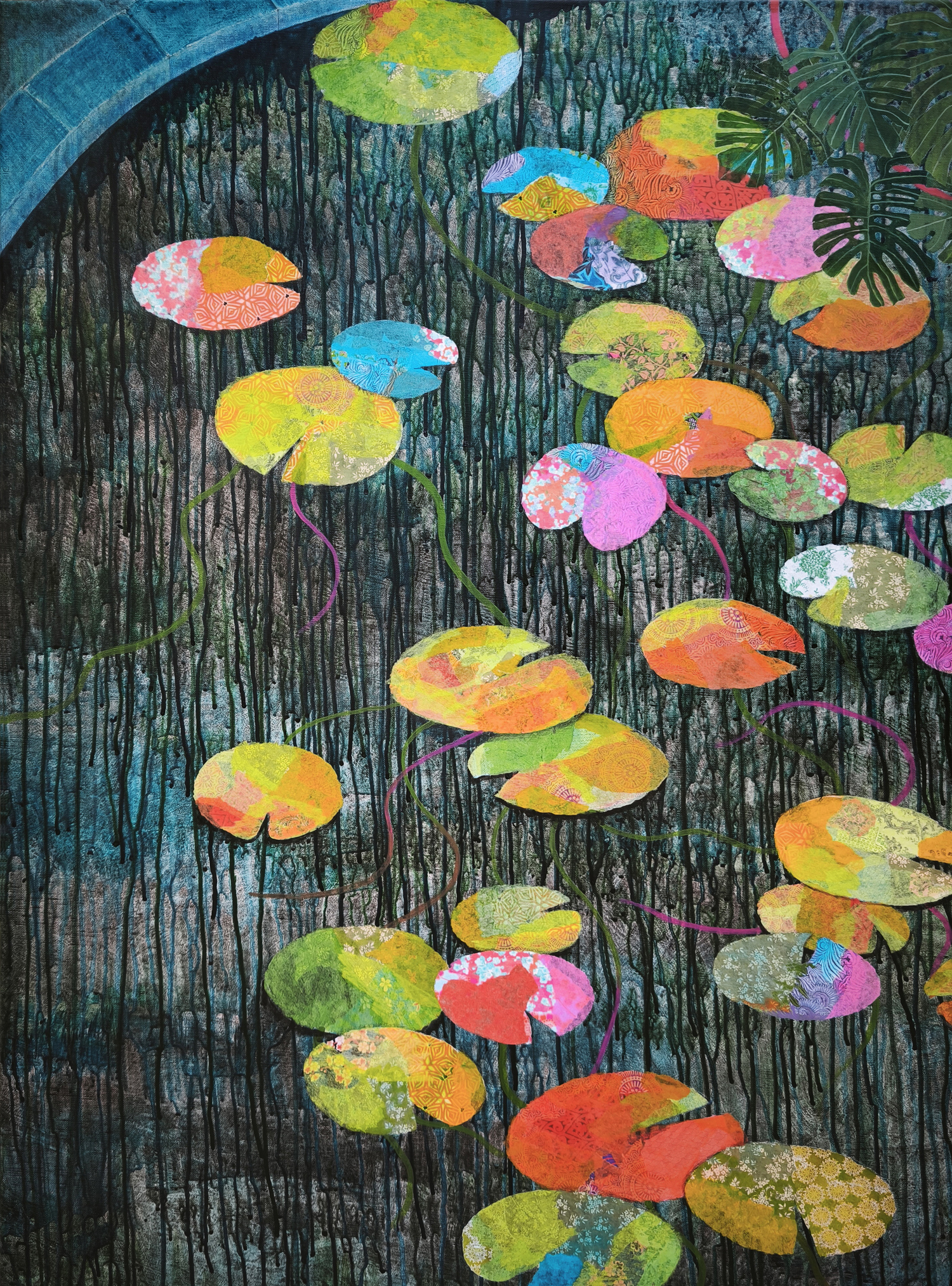 A colorful collage of lily pads and tropical leaves cascading down a dark, textured background.