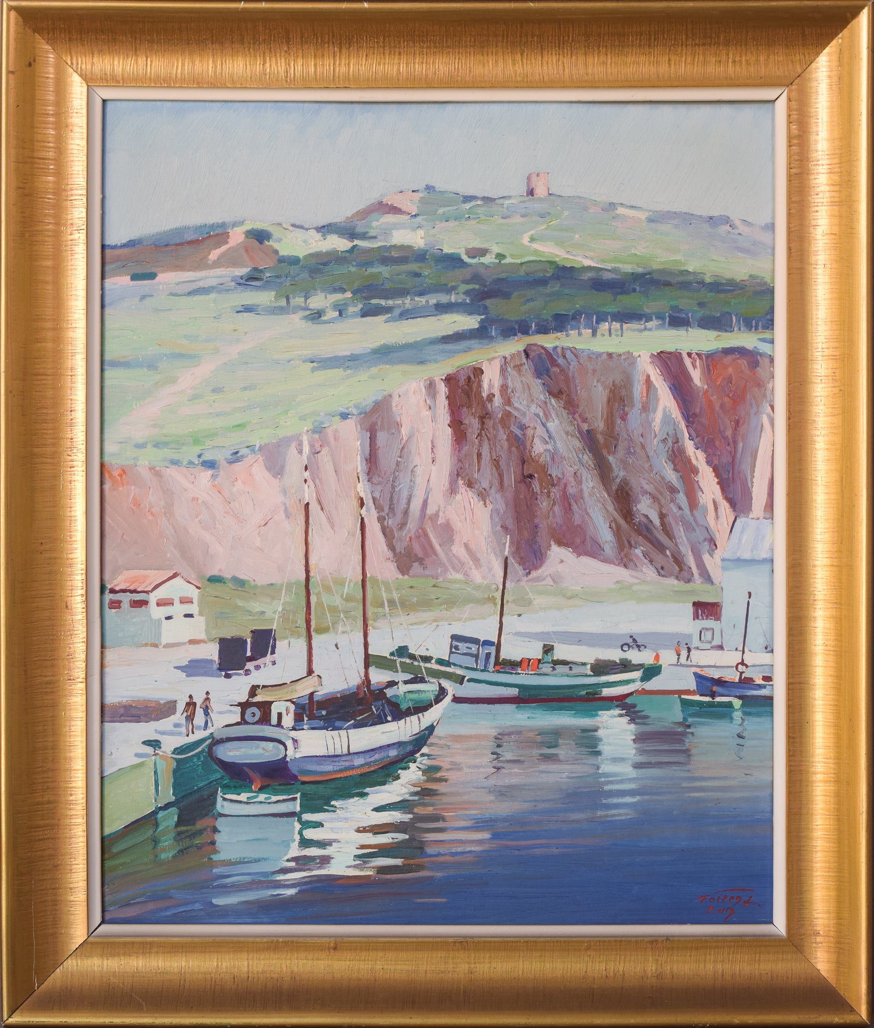 Artwork by Ricard Tárrega Viladoms, Post Impressionist Landscape with Boats, Made of Oil on board 