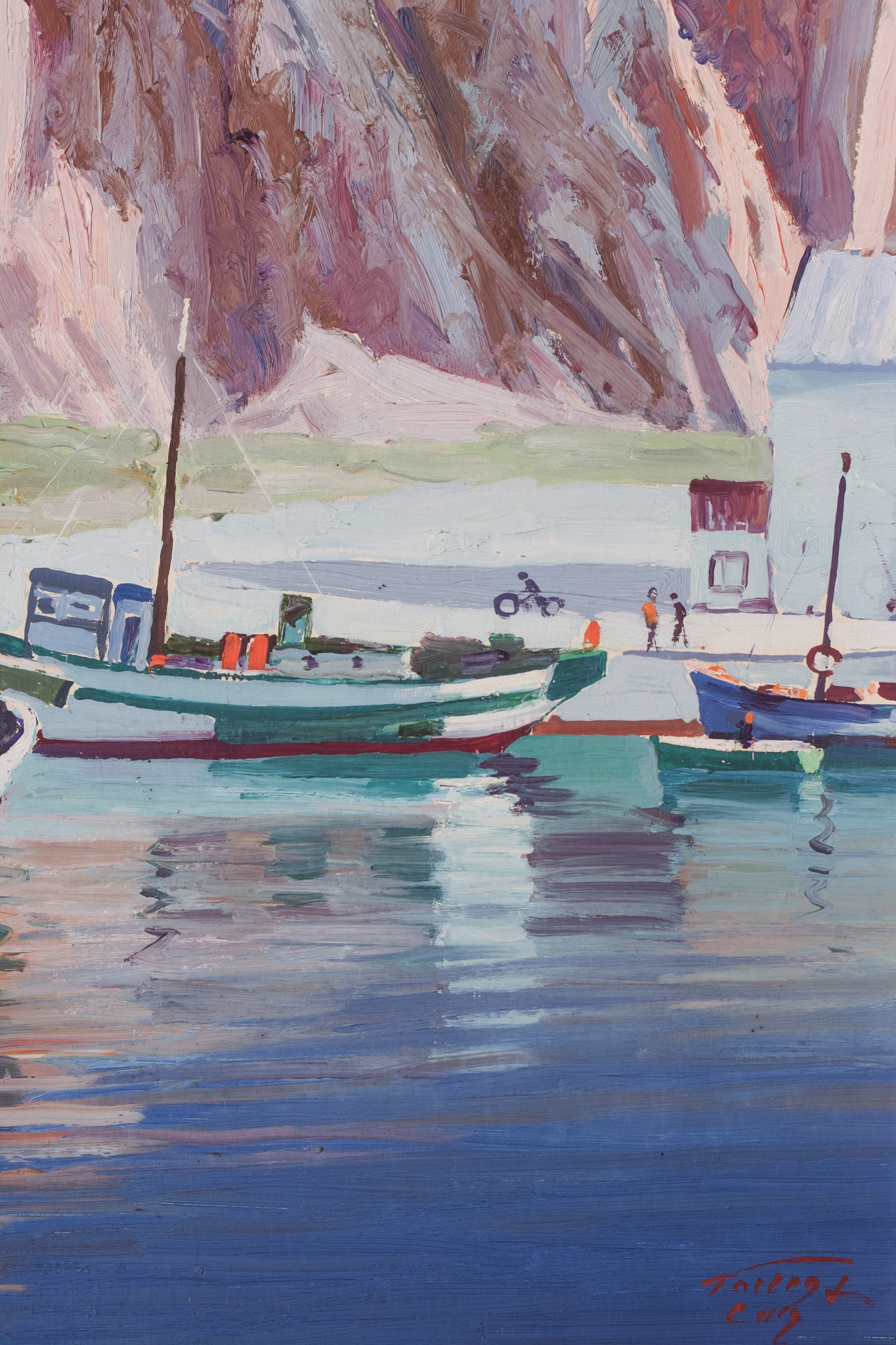 Artwork by Ricard Tárrega Viladoms, Post Impressionist Landscape with Boats, Made of Oil on board 