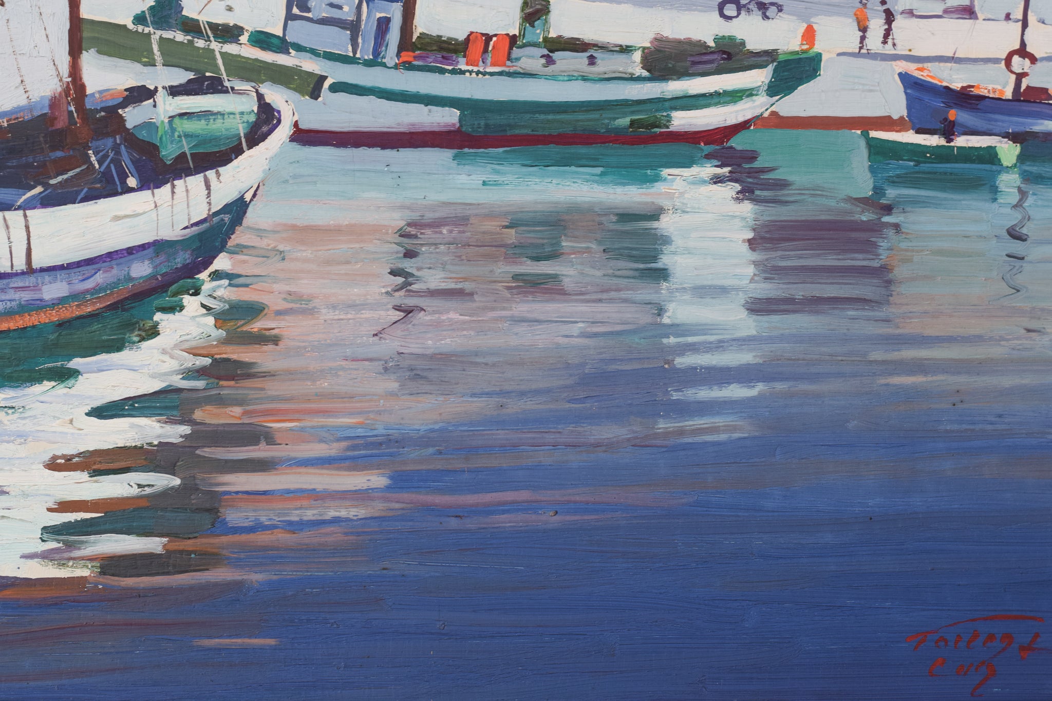 Artwork by Ricard Tárrega Viladoms, Post Impressionist Landscape with Boats, Made of Oil on board 