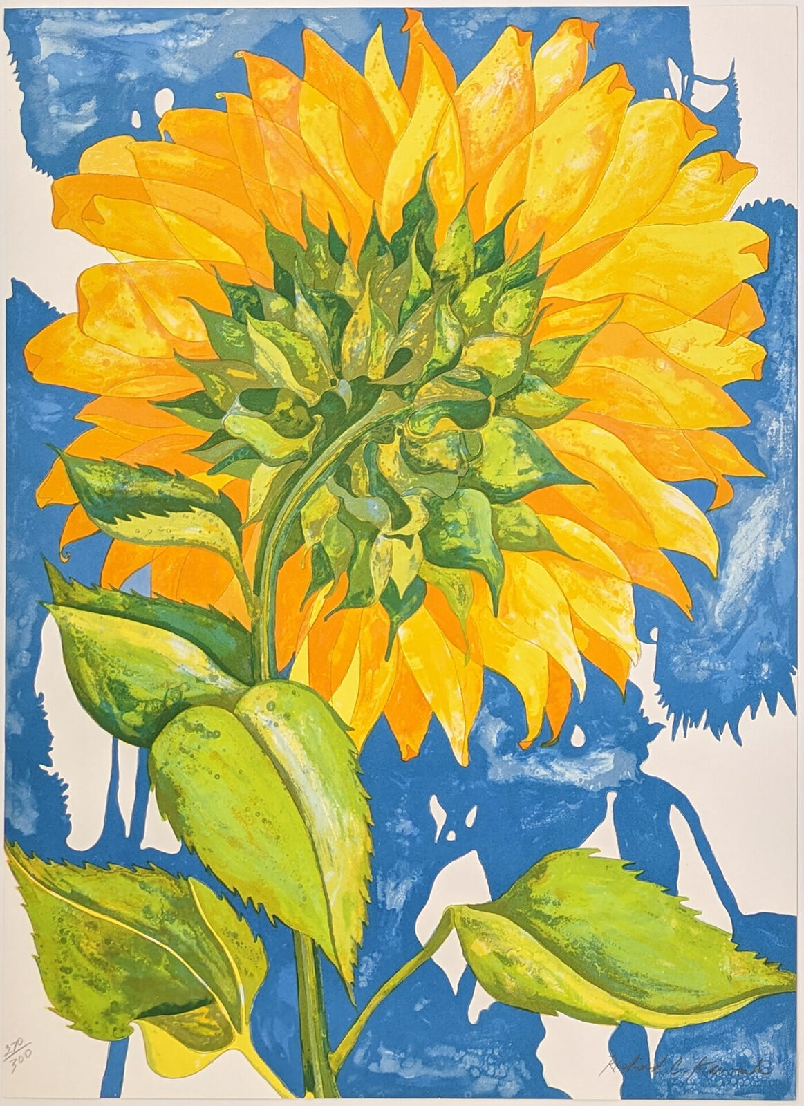 A painting of a sunflower on a blue background.