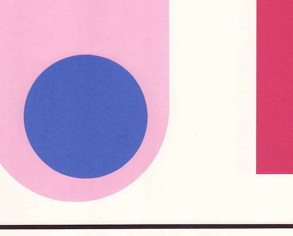 A pink and blue poster with a blue circle in the middle.