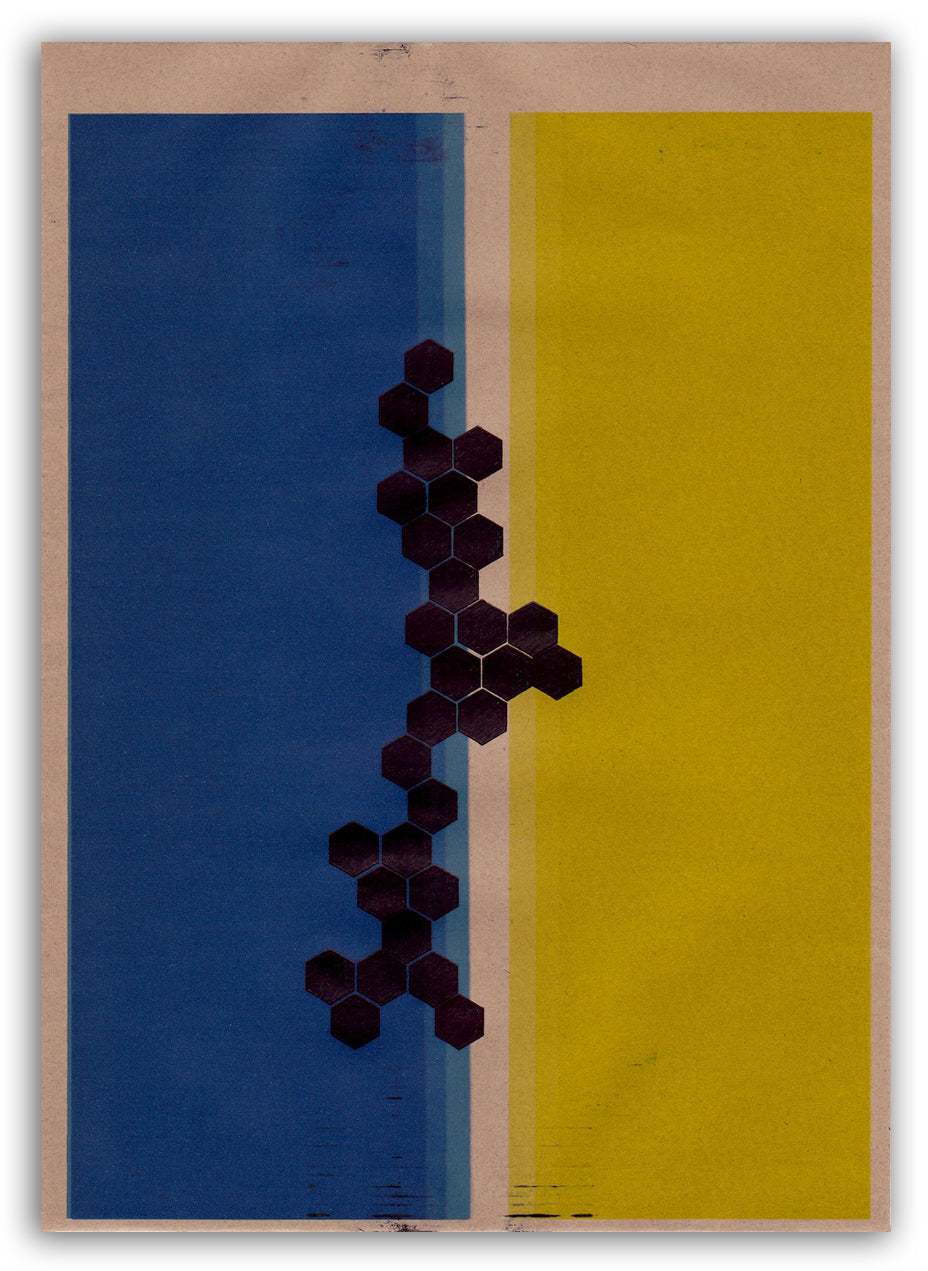 A blue and yellow poster with a hexagonal pattern.