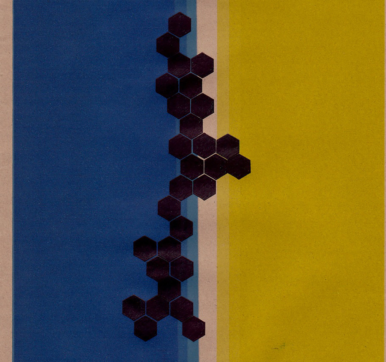 A blue and yellow poster with a hexagonal pattern.