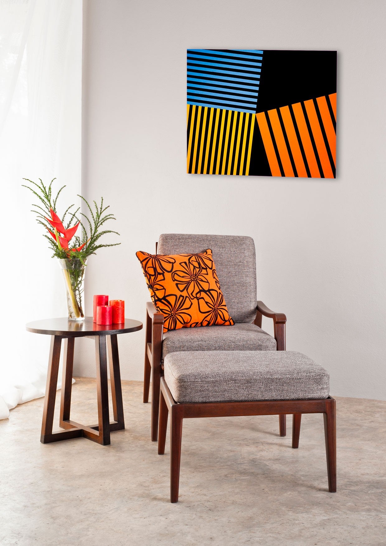 A black and orange and blue striped pattern on a white background.