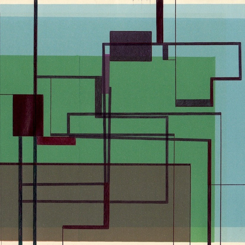 A painting of a green, blue, and brown abstract design.