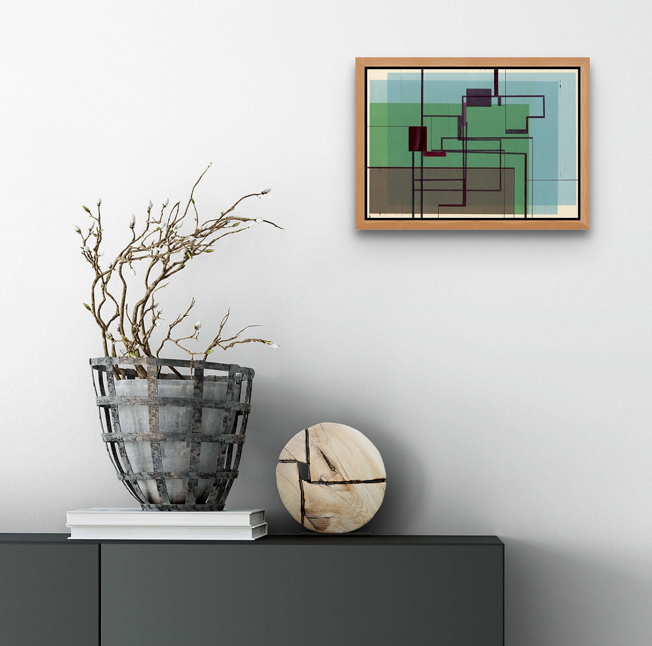 A painting of a green, blue, and brown abstract design.
