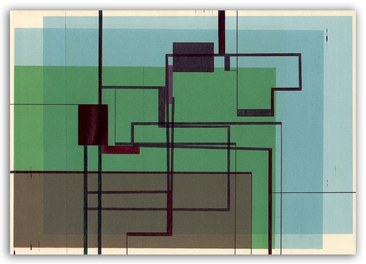 A painting of a green, blue, and brown abstract design.