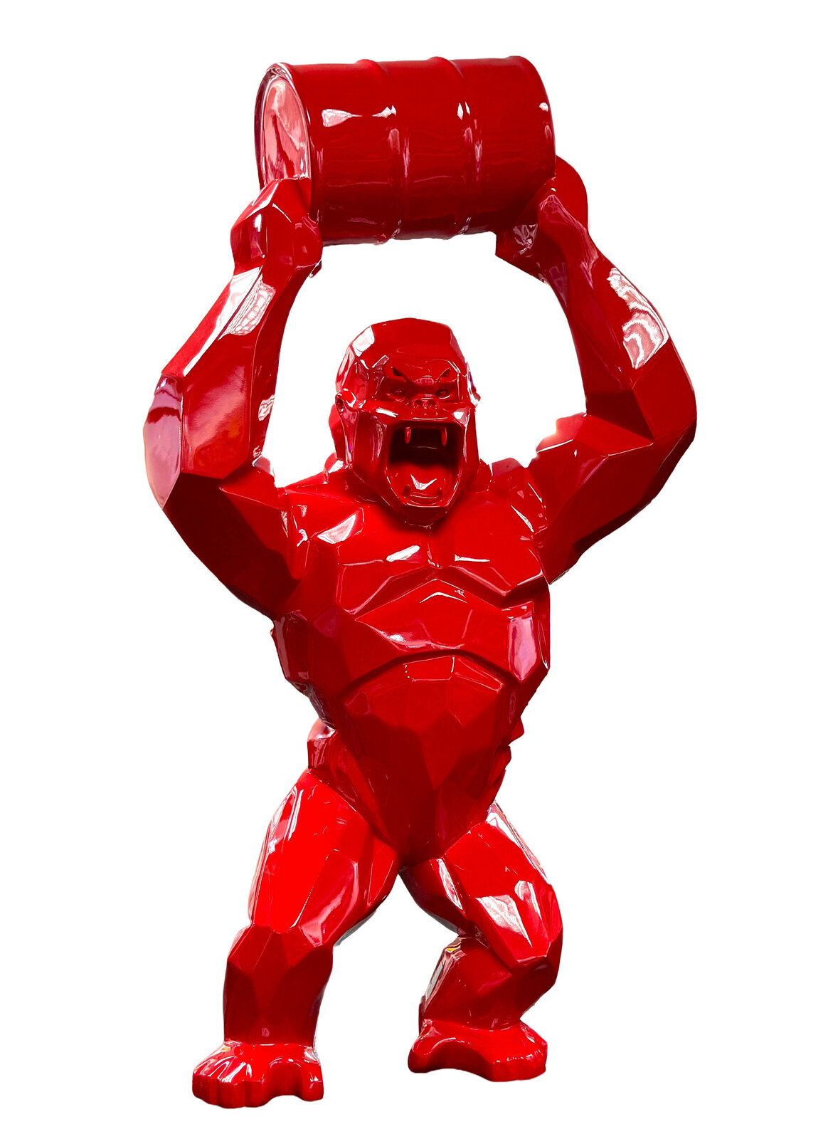 A glossy red gorilla figure lifting a barrel overhead in a low-poly style.