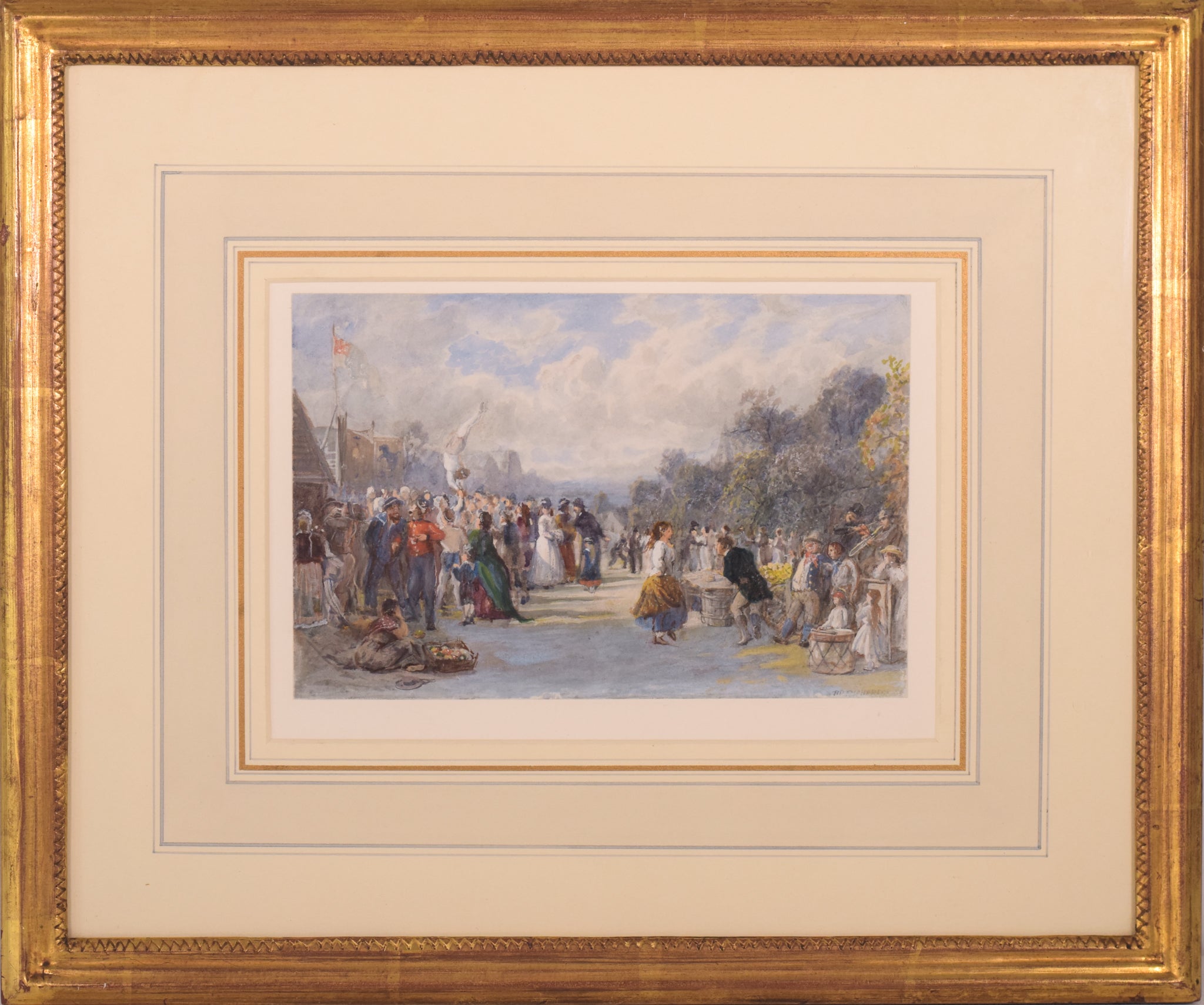 A bustling outdoor market scene filled with figures in period clothing under a cloudy sky.