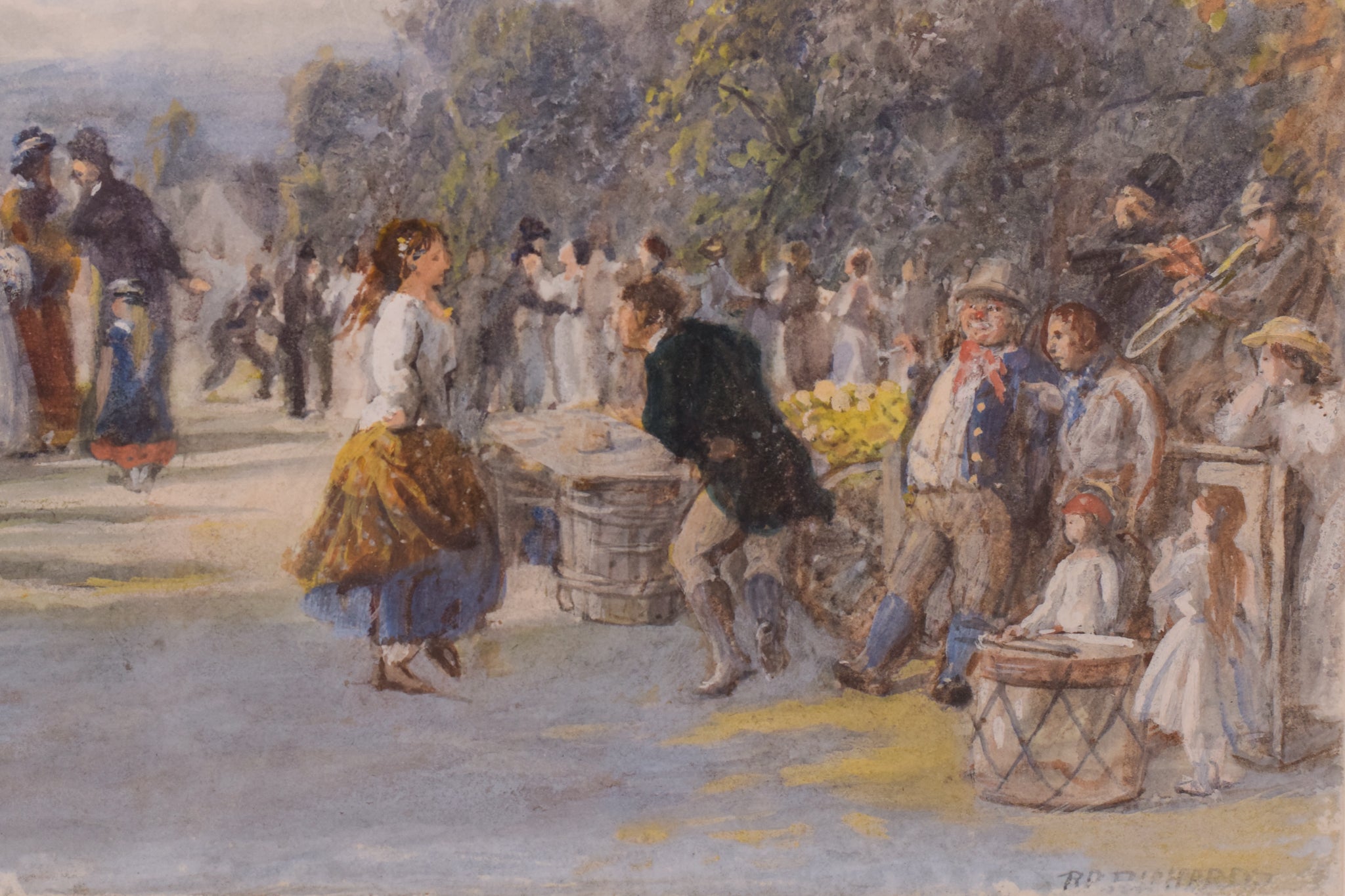 A bustling outdoor market scene filled with figures in period clothing under a cloudy sky.
