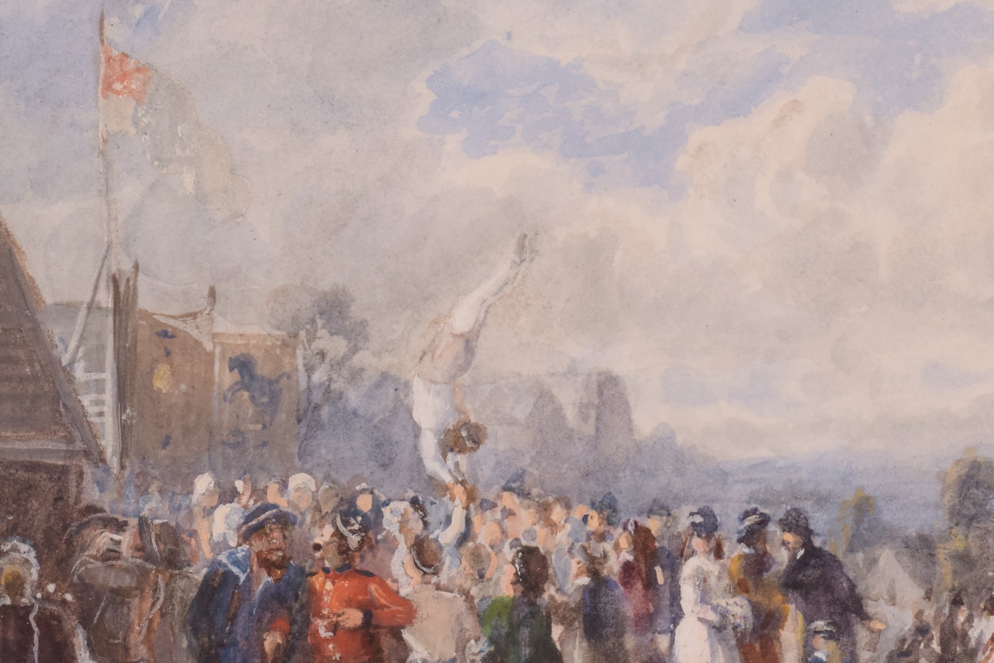 A bustling outdoor market scene filled with figures in period clothing under a cloudy sky.