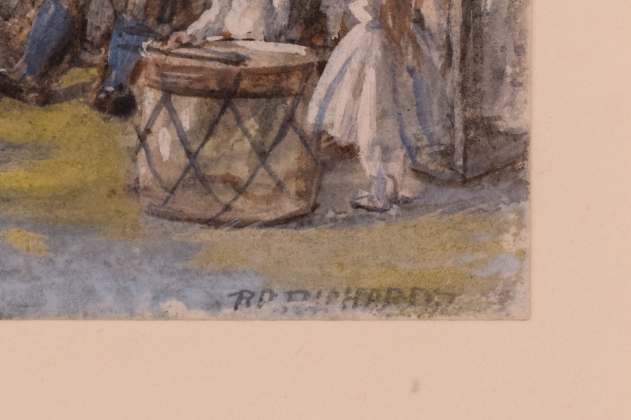 A bustling outdoor market scene filled with figures in period clothing under a cloudy sky.
