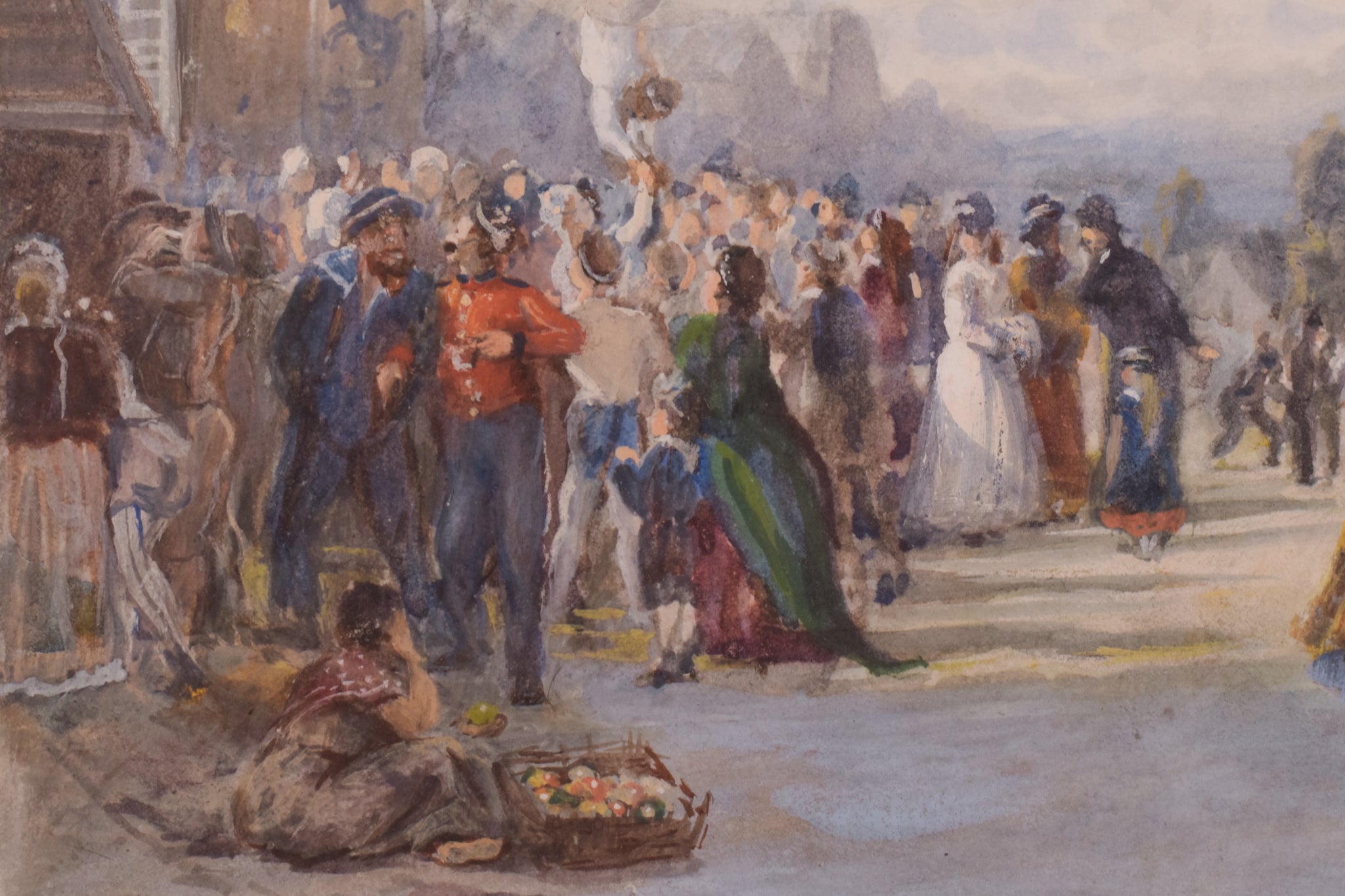 A bustling outdoor market scene filled with figures in period clothing under a cloudy sky.