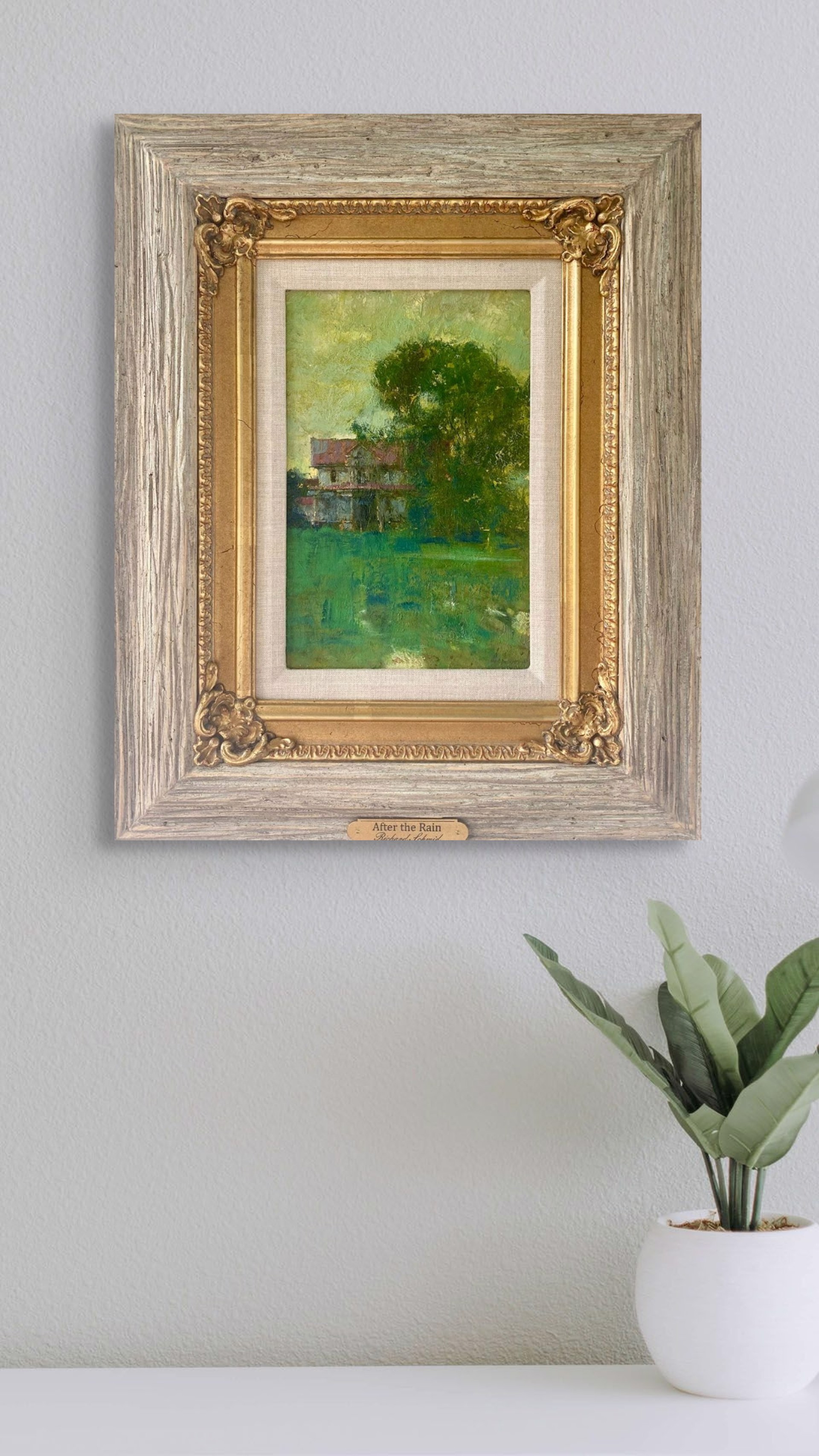 A painting of a house in the middle of a field.
