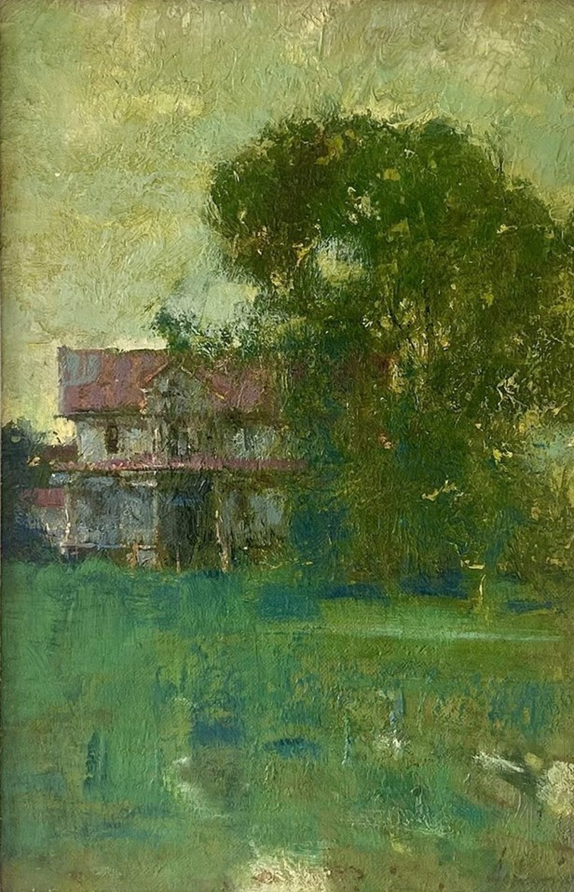 A painting of a house in the middle of a field.