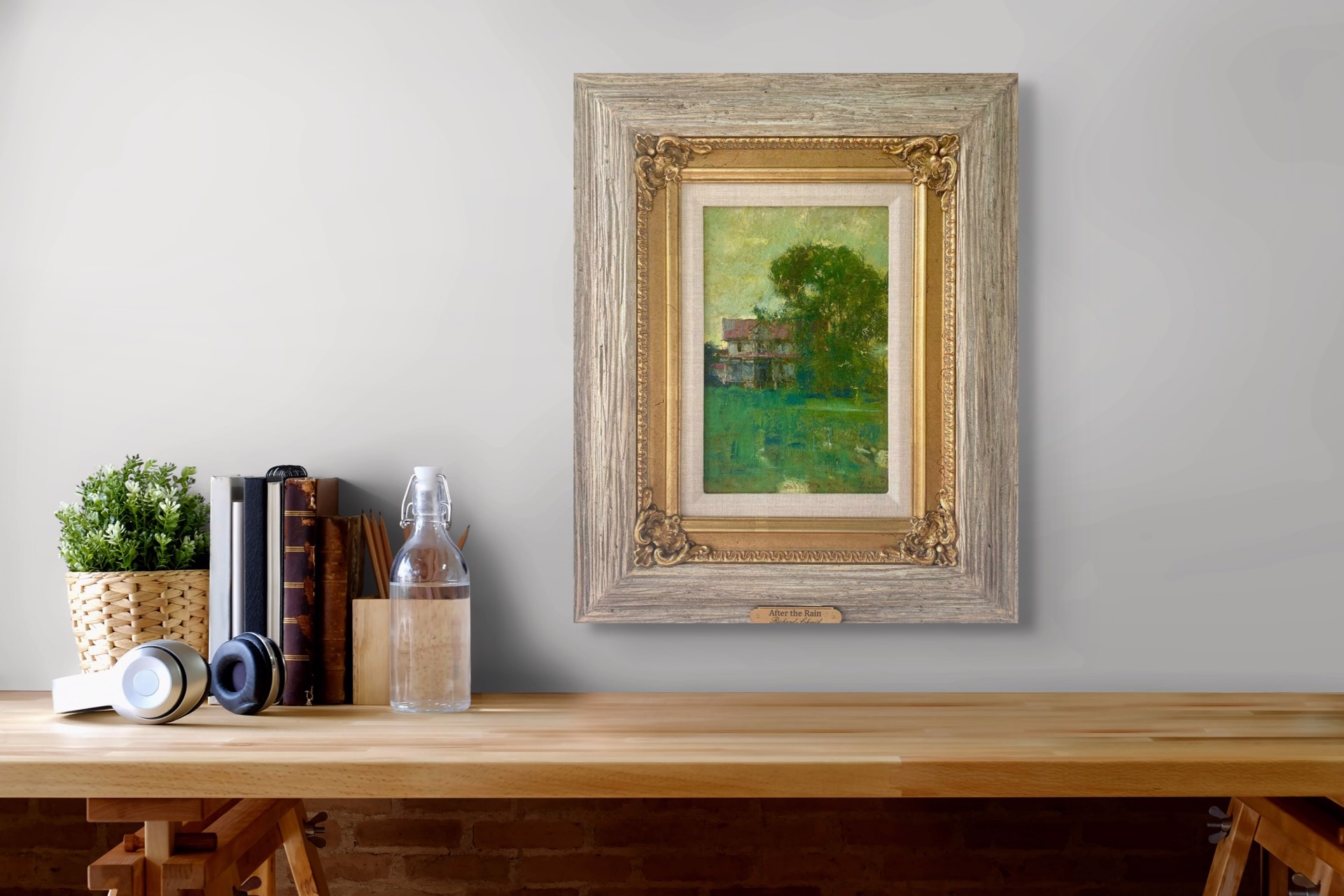 A painting of a house in the middle of a field.