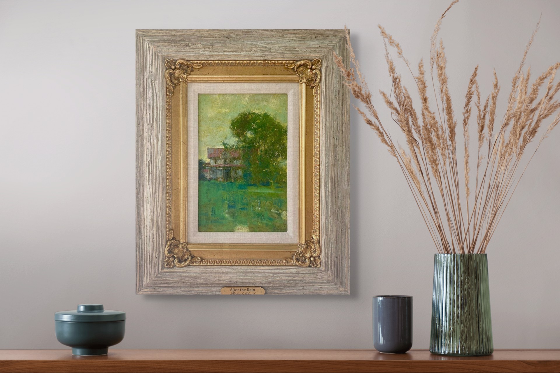 A painting of a house in the middle of a field.