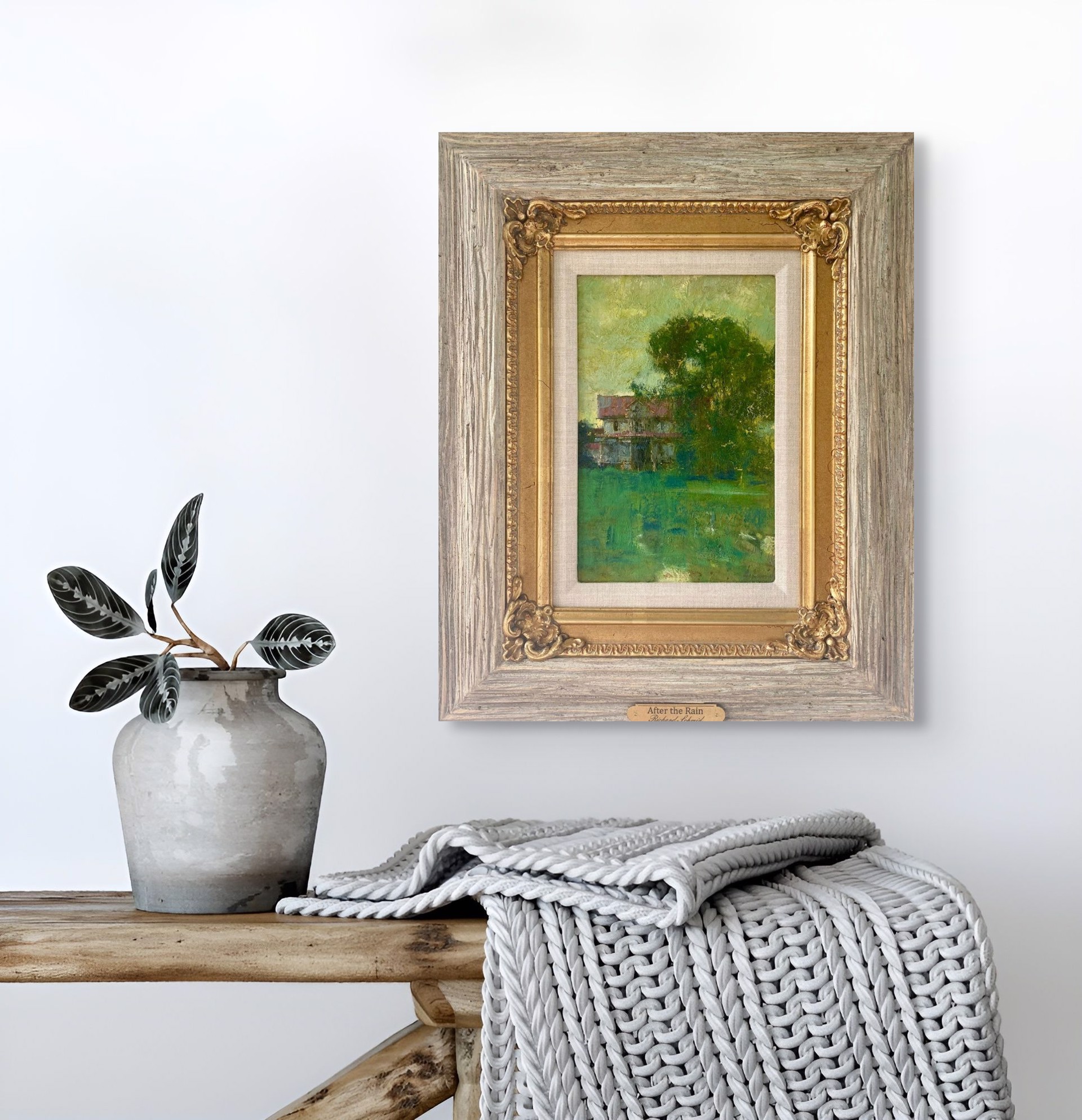 A painting of a house in the middle of a field.