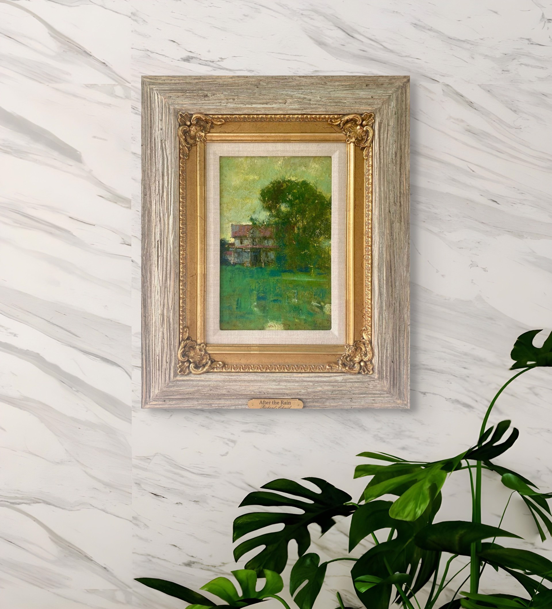 A painting of a house in the middle of a field.