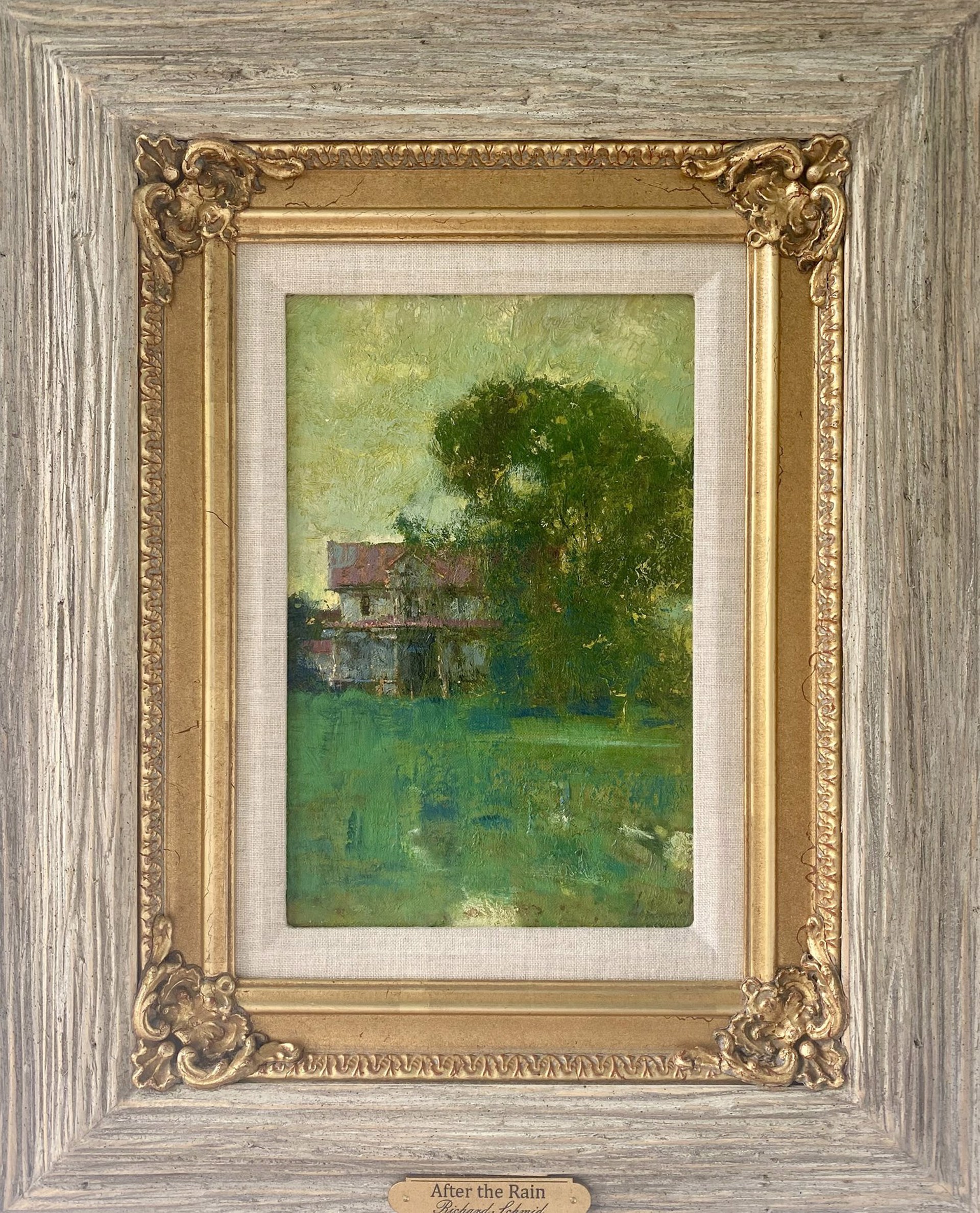 A painting of a house in the middle of a field.