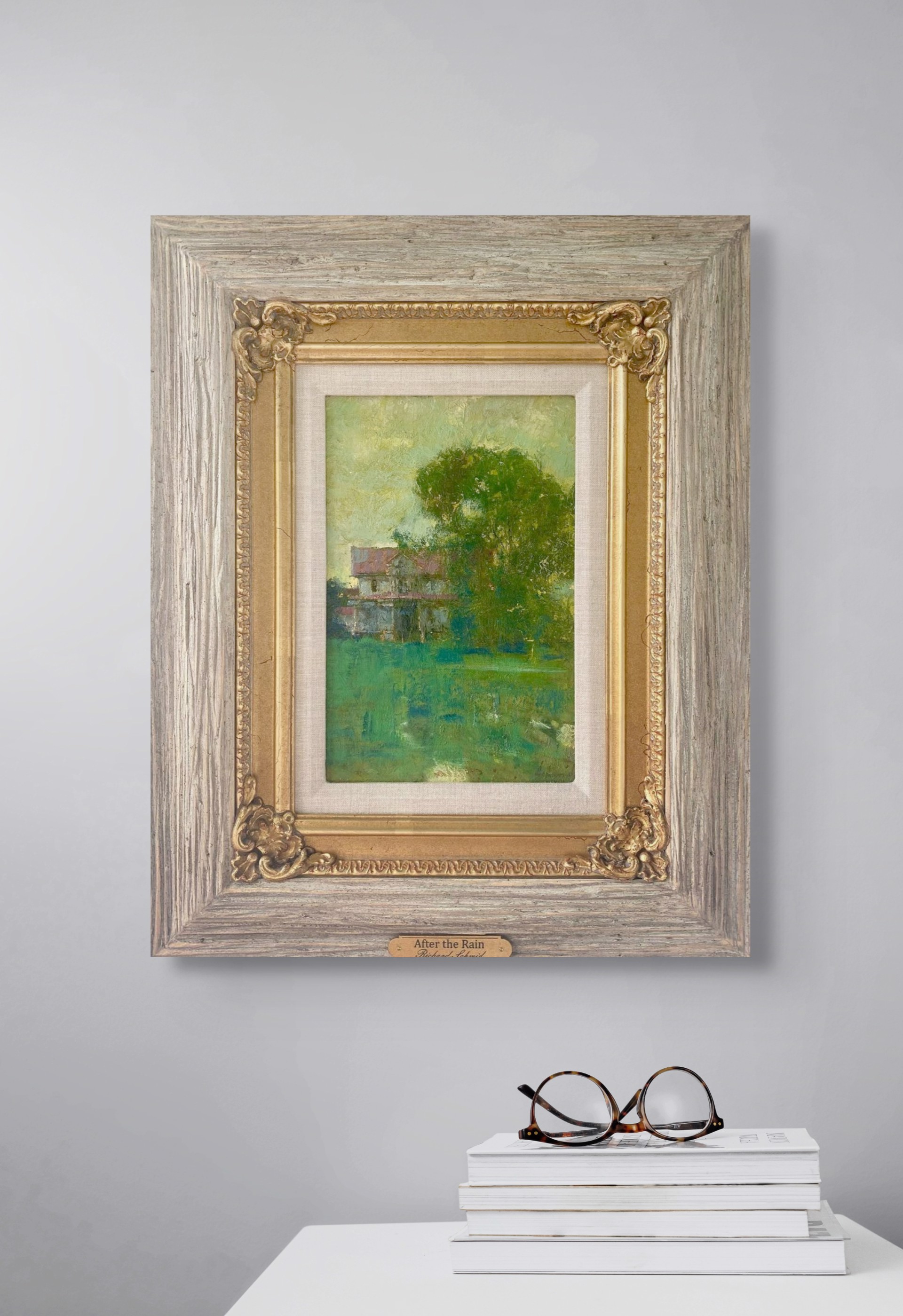 A painting of a house in the middle of a field.