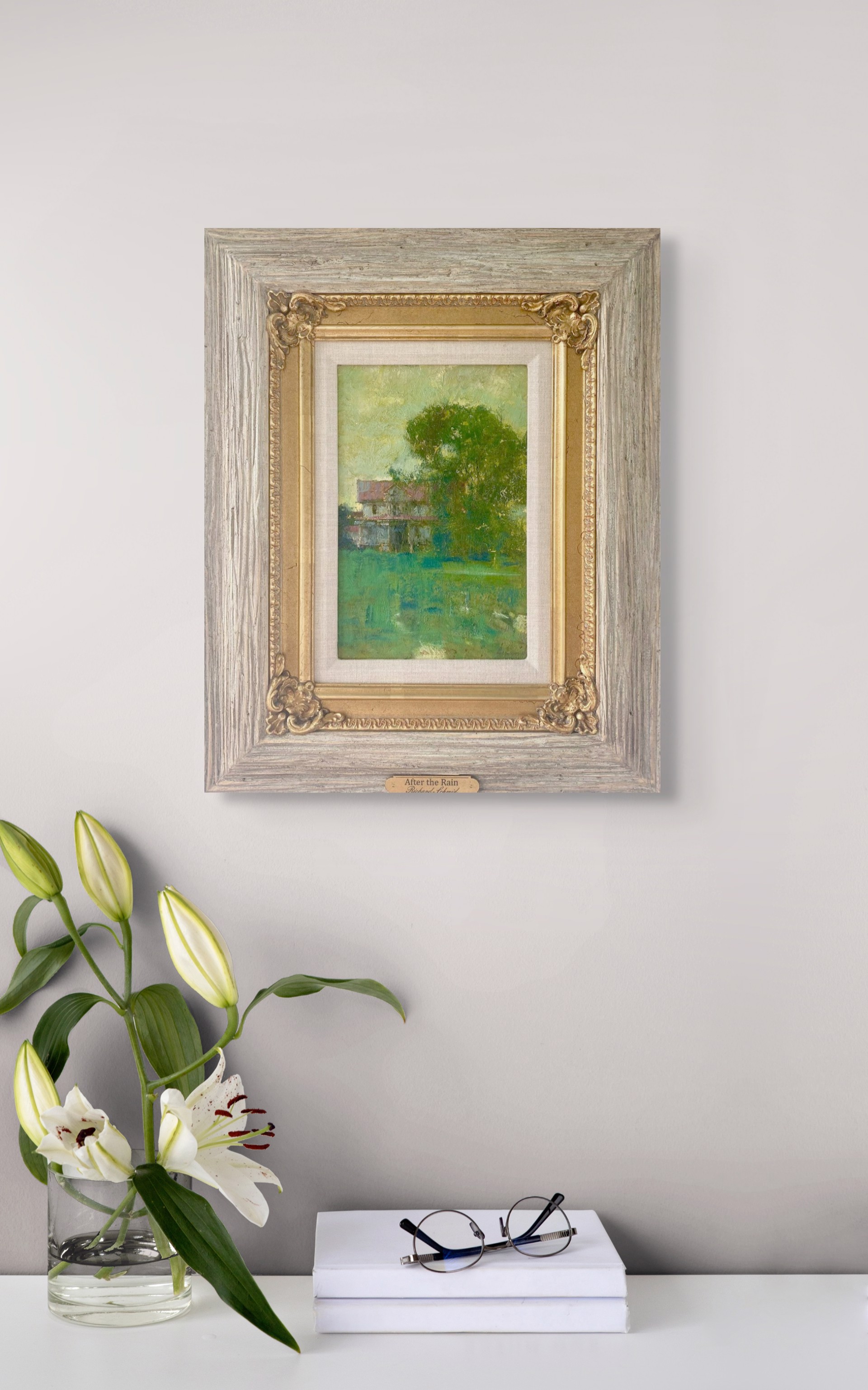 A painting of a house in the middle of a field.
