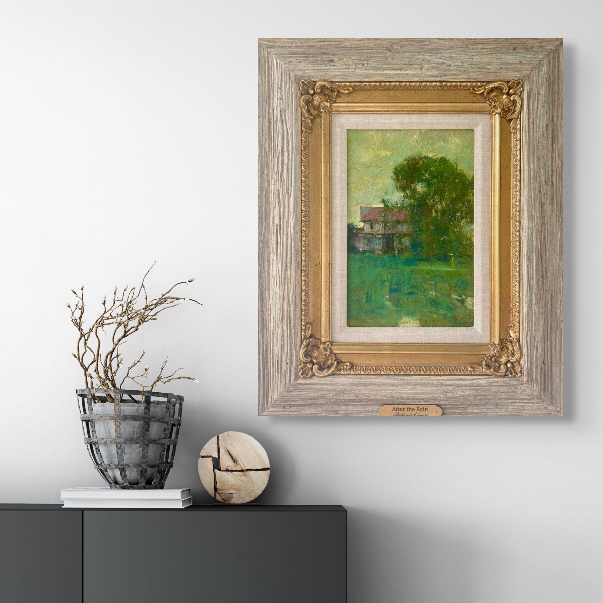 A painting of a house in the middle of a field.