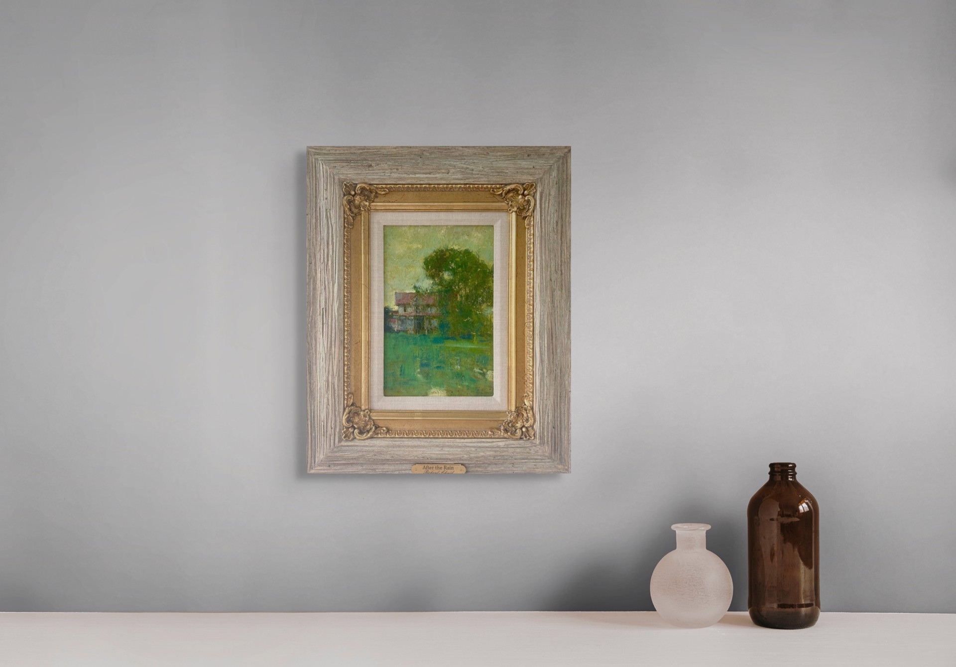 A painting of a house in the middle of a field.