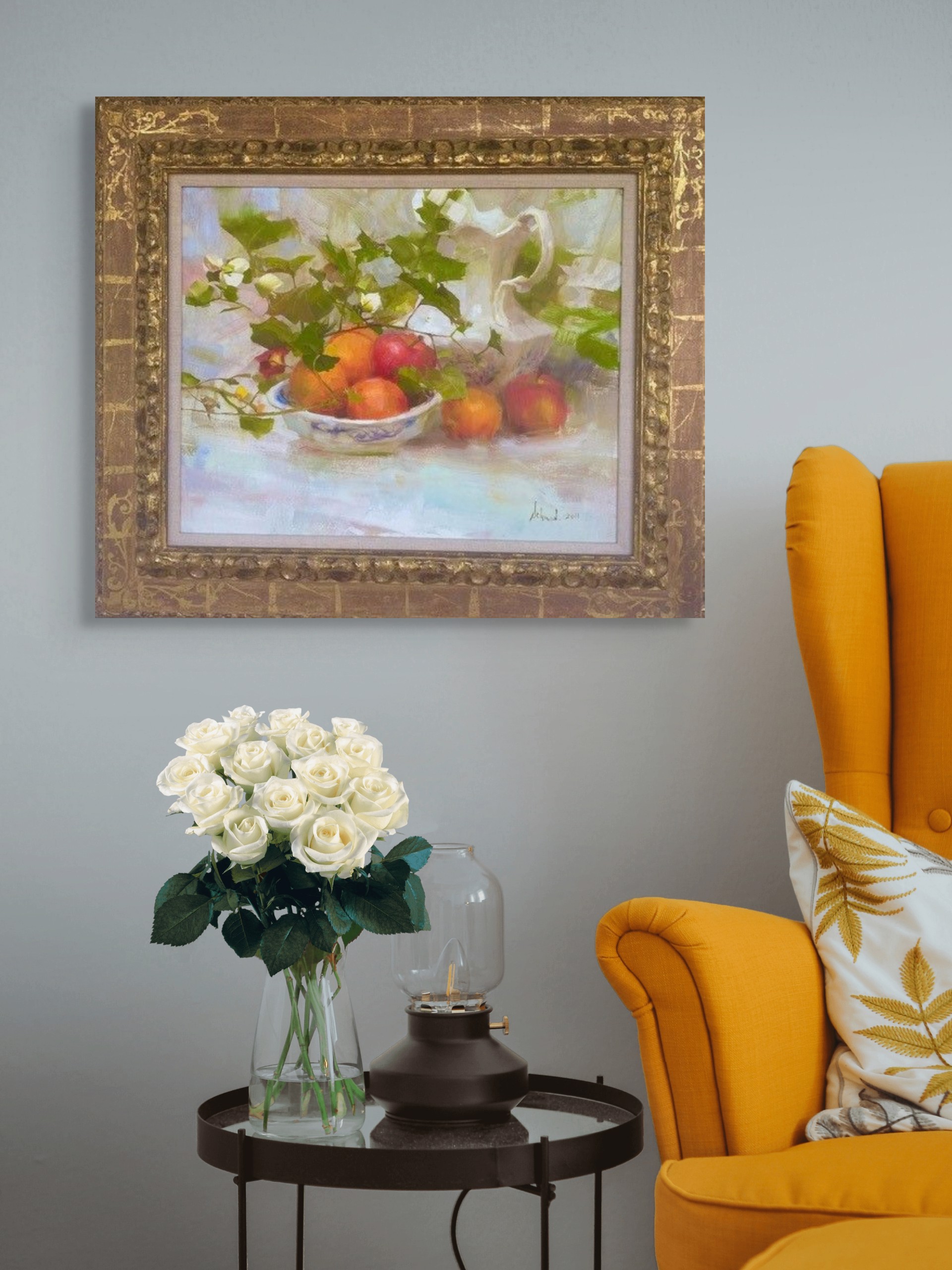 A still life painting featuring a bowl of fruit and foliage next to a pitcher.