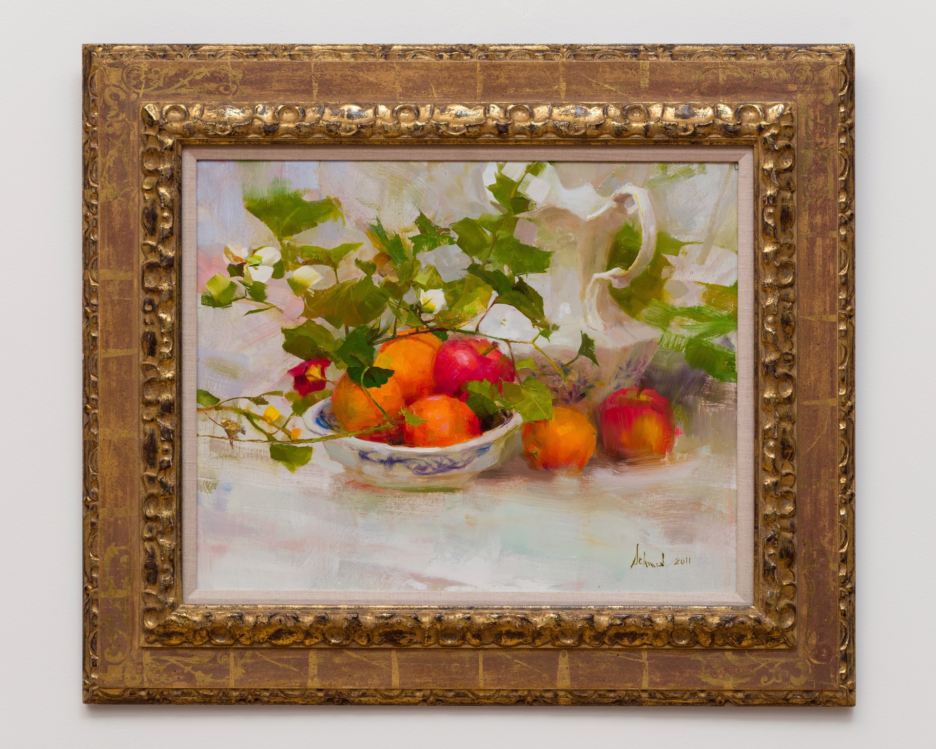 A still life painting featuring a bowl of fruit and foliage next to a pitcher.