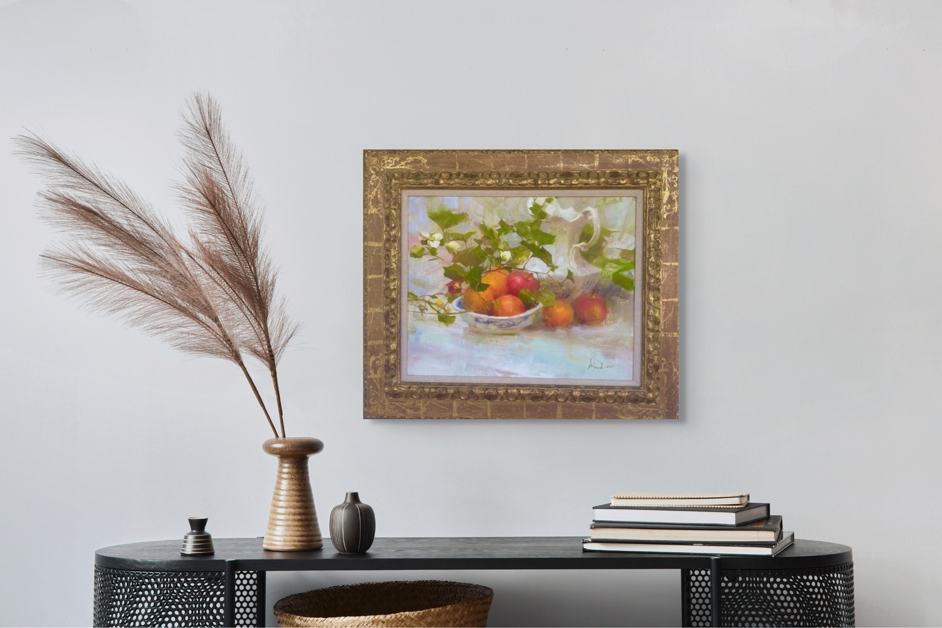 A still life painting featuring a bowl of fruit and foliage next to a pitcher.
